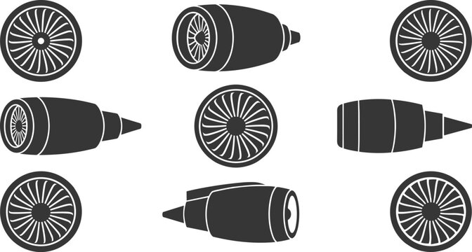 Aircraft jet engine silhouettes and airplane turbine fan components set for aerospace mechanics or aviation engineering layout design