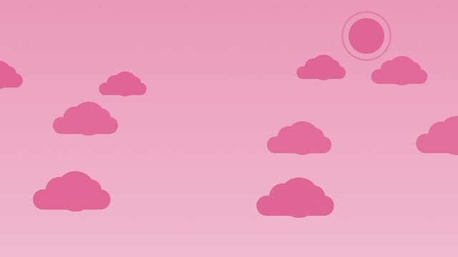 Pink flat cartoon sky with moving clouds and sun, cute seamless loop background
