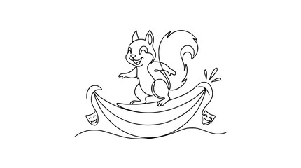 Happy squirrel surfing on a gondola with theater masks, continuous line art © Dodo