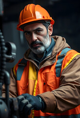 Fototapeta premium Focused middle-aged male miner wearing safety gear indoors