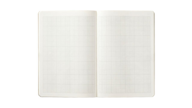 Flat lay of an open notebook with grid lined pages, isolated on a white background, journaling, technical drafting, or planning