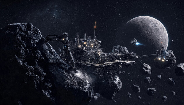 Large industrial space mining station anchored to a rocky asteroid in deep space with a massive moon in the background, and flying spacecraft