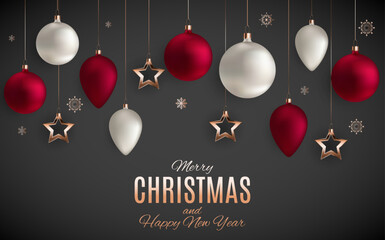 Festive christmas ornaments and stars hanging against a dark gray background with holiday greetings ©  SABBIR 