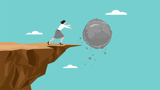 Woman on cliff edge dodging falling boulder