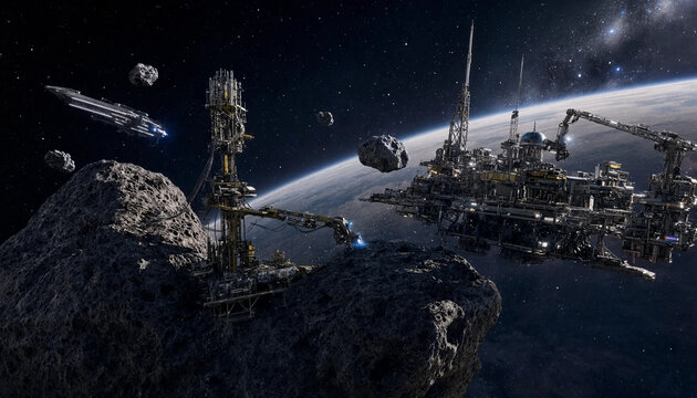 Industrial space mining station attached to a large asteroid in deep space with a planet in the background, and small spacecraft, flying nearby
