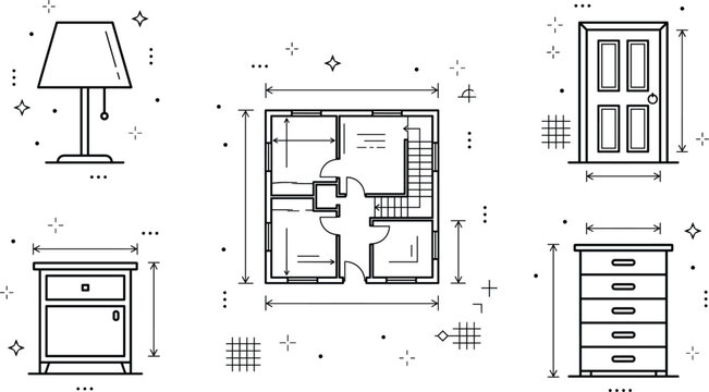 Interior design and furniture line art icon set featuring architectural floor plan lamp nightstand door and drawers vector