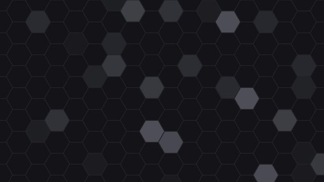Black hexagon grid pulsing with light, futuristic cyber seamless loop background