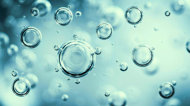 Macro shot of clean blue water bubbles floating with soft bokeh background