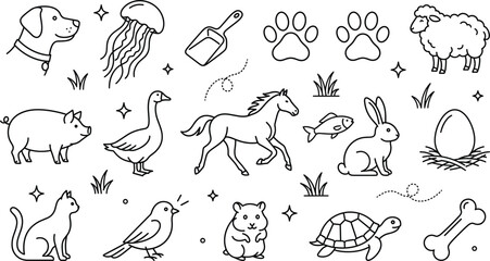 Animals and pets line art icon set featuring dog cat horse rabbit sheep pig turtle bird jellyfish and hamster © Hafizul
