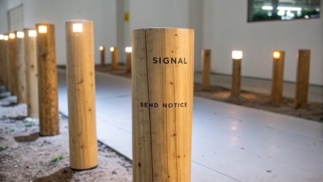 Wooden Signal Poles with Illuminated Lanterns for Outdoor Guidance in Modern Urban Environment at Nighttime