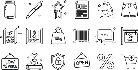 Assorted retail and lifestyle line art icon set featuring shipping signs shopping cart sale tags barcode and wifi router symbols © Hafizul