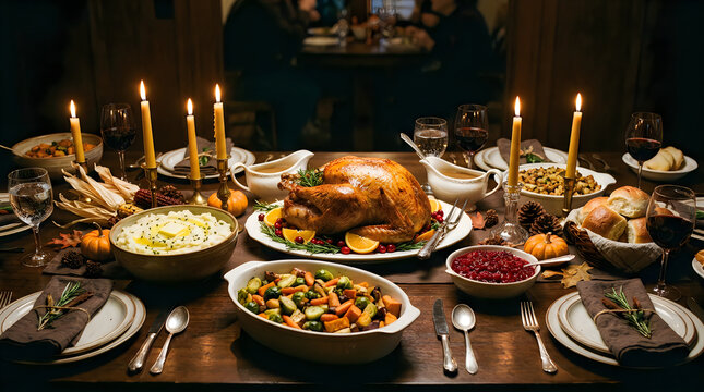 Roasted turkey dinner with side dishes and candles on a wooden table for thanksgiving celebration