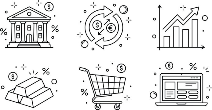 Banking and finance line art icon set featuring bank building currency exchange growth chart gold bars and shopping cart