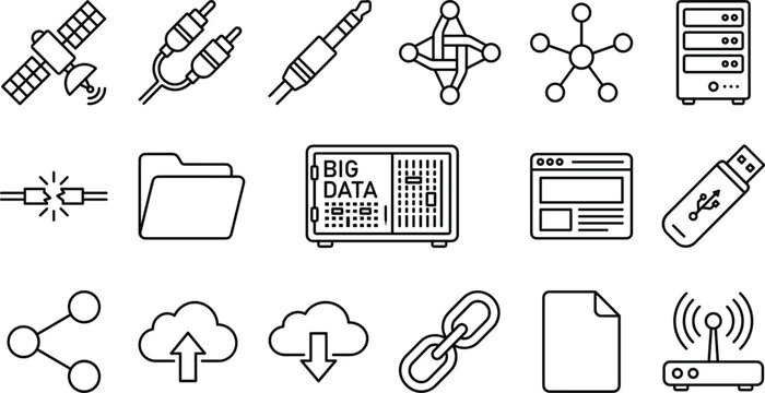 Big data cloud computing technology and network infrastructure vector icon set with server satellite router cables line art