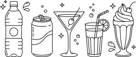 Beverage and drink line art icon vector set featuring water bottle soda can cocktail glass lemonade and milkshake © Hafizul
