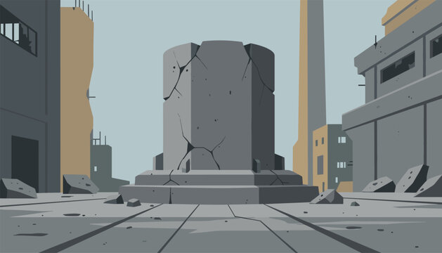 Stone monument pedestal in a ruined post-apocalyptic city environment with cracked buildings and scattered debris.