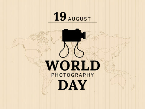 Vintage style world photography day banner featuring camera silhouette and map texture on aged paper photography photographer creative celebration lifestyle interest
