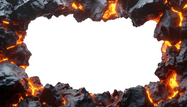 Burning volcanic coal and hot magma rock border isolated on white background