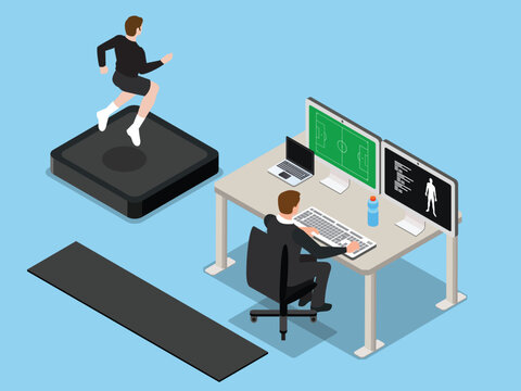 Athlete Jumping on Force Plate with Sports Scientist Monitoring Data 3d isometric vector illustration