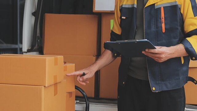 Woman giving parcel to man in delivery office