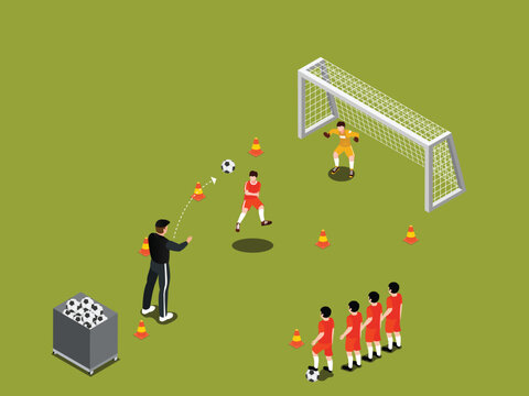Soccer Training Session with Coach and Players 3d isometric vector illustration
