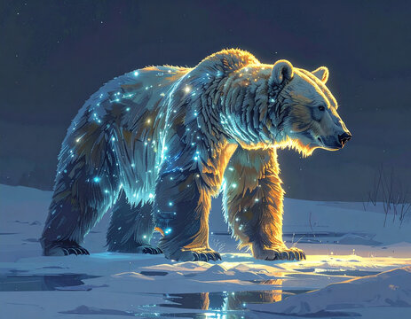 Magical glowing bear covered in stars in snowy landscape
