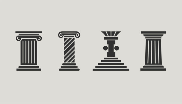 Icon set of four distinct architectural columns in classic Greek and Roman styles shown as black silhouettes.