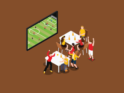 Football Fans Watching Soccer Match and Celebrating Victory in Sports Bar 3d isometric vector illustration
