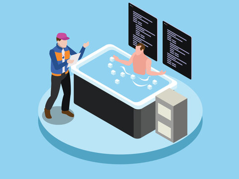 Athlete taking Ice Bath for Muscle Recovery with Coach 3d isometric vector illustration