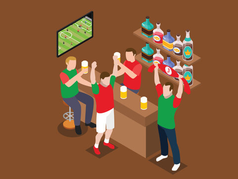 Soccer Fans Cheering and Drinking Beer at Sports Bar 3d isometric vector illustration