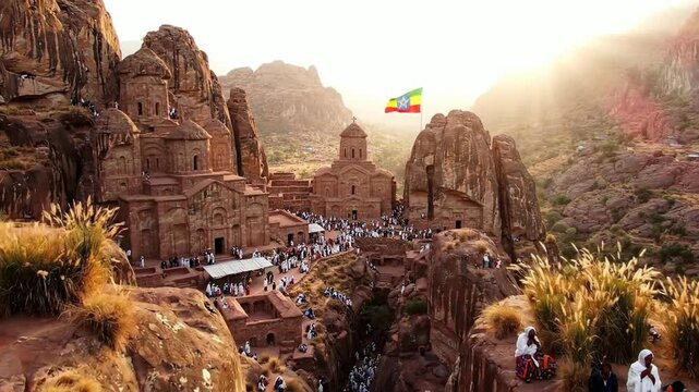 Lalibela rock-hewn churches in ethiopia: pilgrims gathering at ancient unesco heritage site with ethiopian flag waving in golden hour sunlight