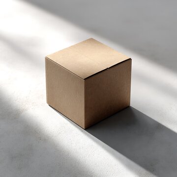 Brown Cardboard Box on White Surface with Shadows.