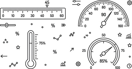 Naklejka premium Dashboard metrics and gauge line art icon set featuring speedometer thermometer ruler circular progress dial and slider indicators
