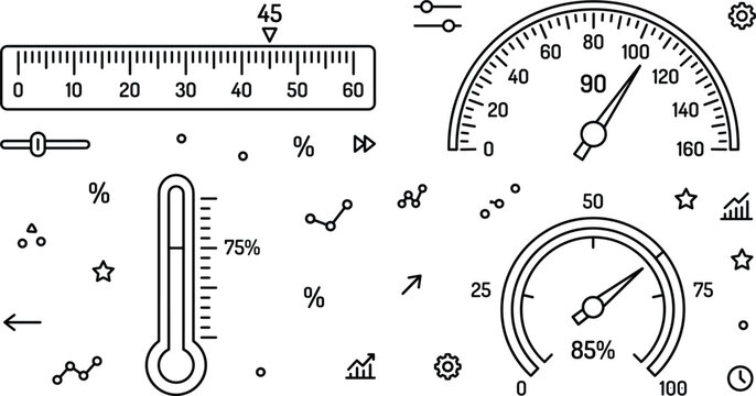 Dashboard metrics and gauge line art icon set featuring speedometer thermometer ruler circular progress dial and slider indicators