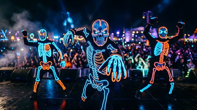 Performers in glowing neon skeleton costumes dancing on stage at a music festival