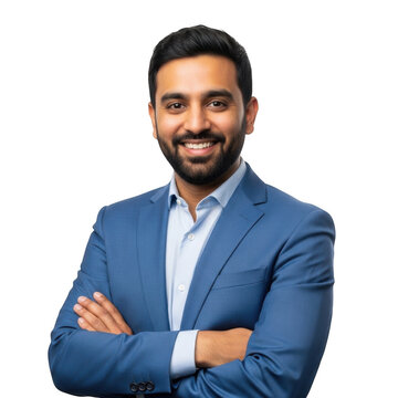 Smiling young man in blue suit jacket with arms crossed isolated on transparent background
