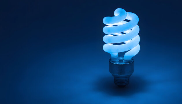 A glowing blue spiral compact fluorescent light bulb isolated against a dark blue background, symbolizing energy efficiency and modern lighting technology
