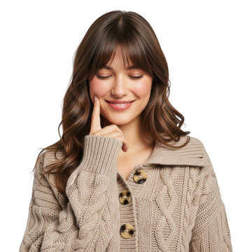 Young woman smiling and touching her cheek isolated on transparent background