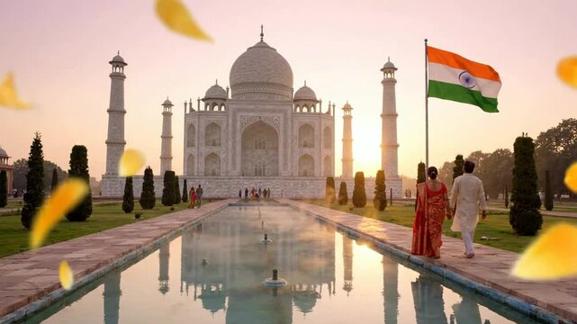 Romantic couple walking at taj mahal at sunrise with indian flag and falling petals iconic travel destination and cultural heritage landmark