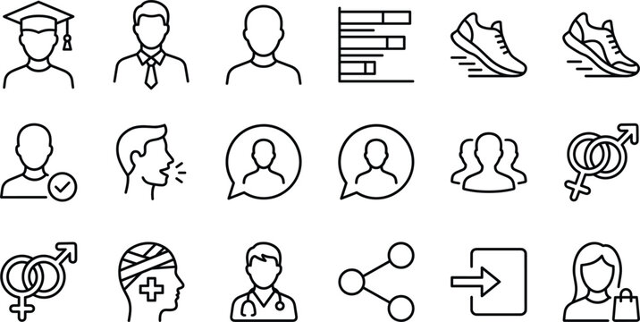 Diverse line art icon set featuring profiles running shoes charts gender symbols medical doctor and consumer shopping elements