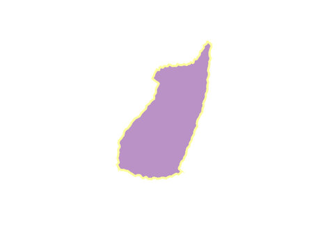 A purple silhouette of the island of madagascar with a thin yellow outline