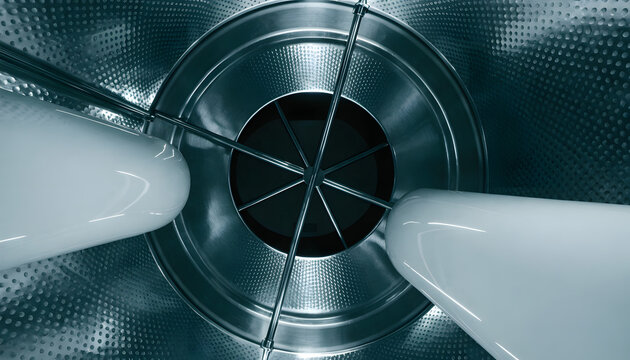 Interior view of a modern industrial washing machine drum with stainless steel texture and central agitator mechanism