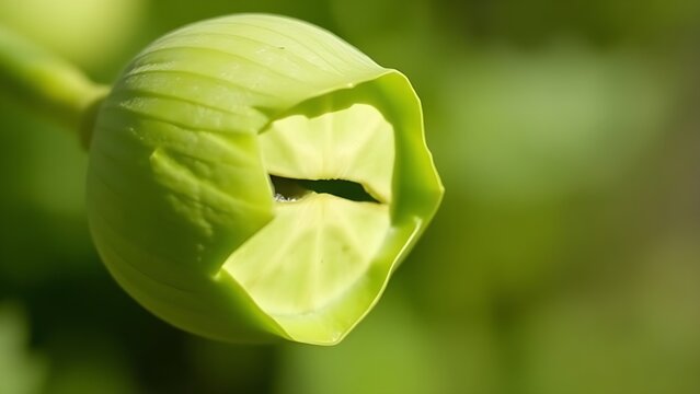 Poppy plant's green seed pod with deep incision, natural daylight focus.