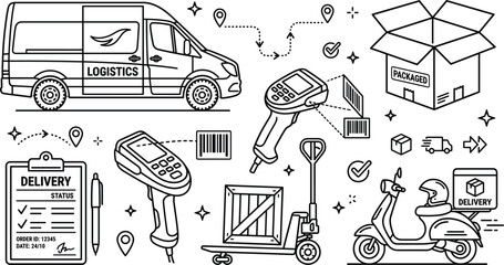 Fototapeta premium Express logistics and delivery service line vector icon set with van scooter barcode scanner pallet jack clipboard box