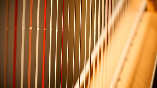 Close-up of harp strings being plucked with light glinting on the strings.