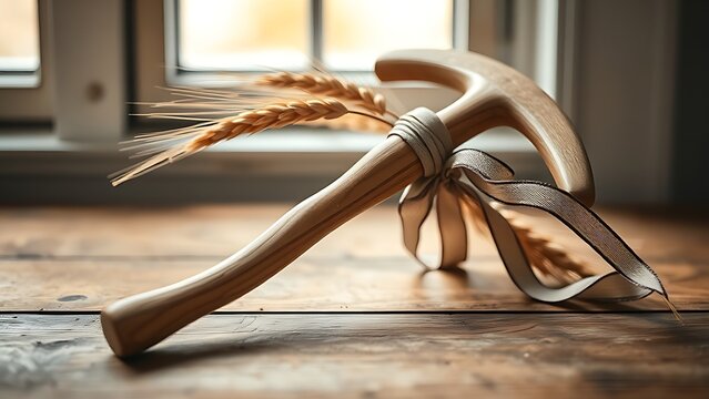 Wooden sickle with fresh wheat stalks and a faded ribbon on rustic wood.