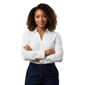 Smiling young businesswoman with crossed arms isolated on transparent background