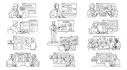 Obraz premium Business AI workflow line art set, professional artificial intelligence icons, 12 vector scenes