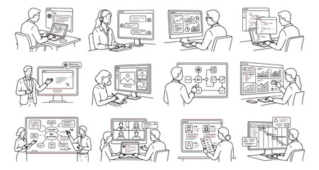 Obraz premium Minimalist business storyboard line art, office workers with data dashboard, 12 vector scenes