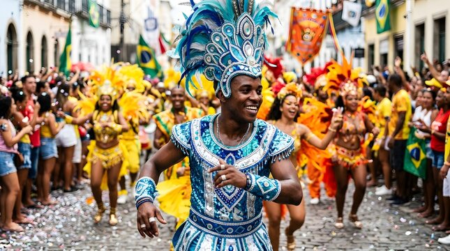 Dancer in traditional blue carnival costume performing in the street during brazilian carnival